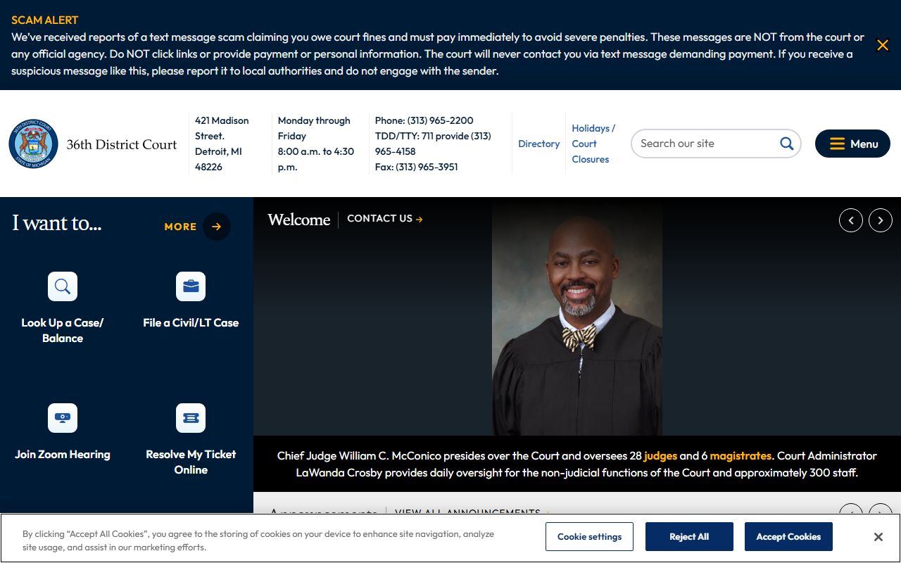 36th District Court website for Detroit criminal court records
