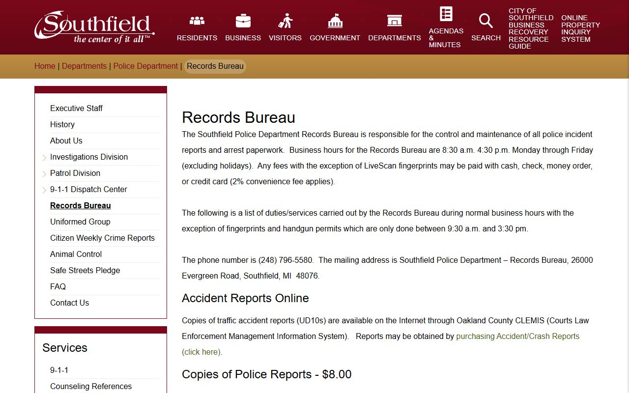 Southfield Police Department Records Bureau for criminal court records access in Southfield Michigan