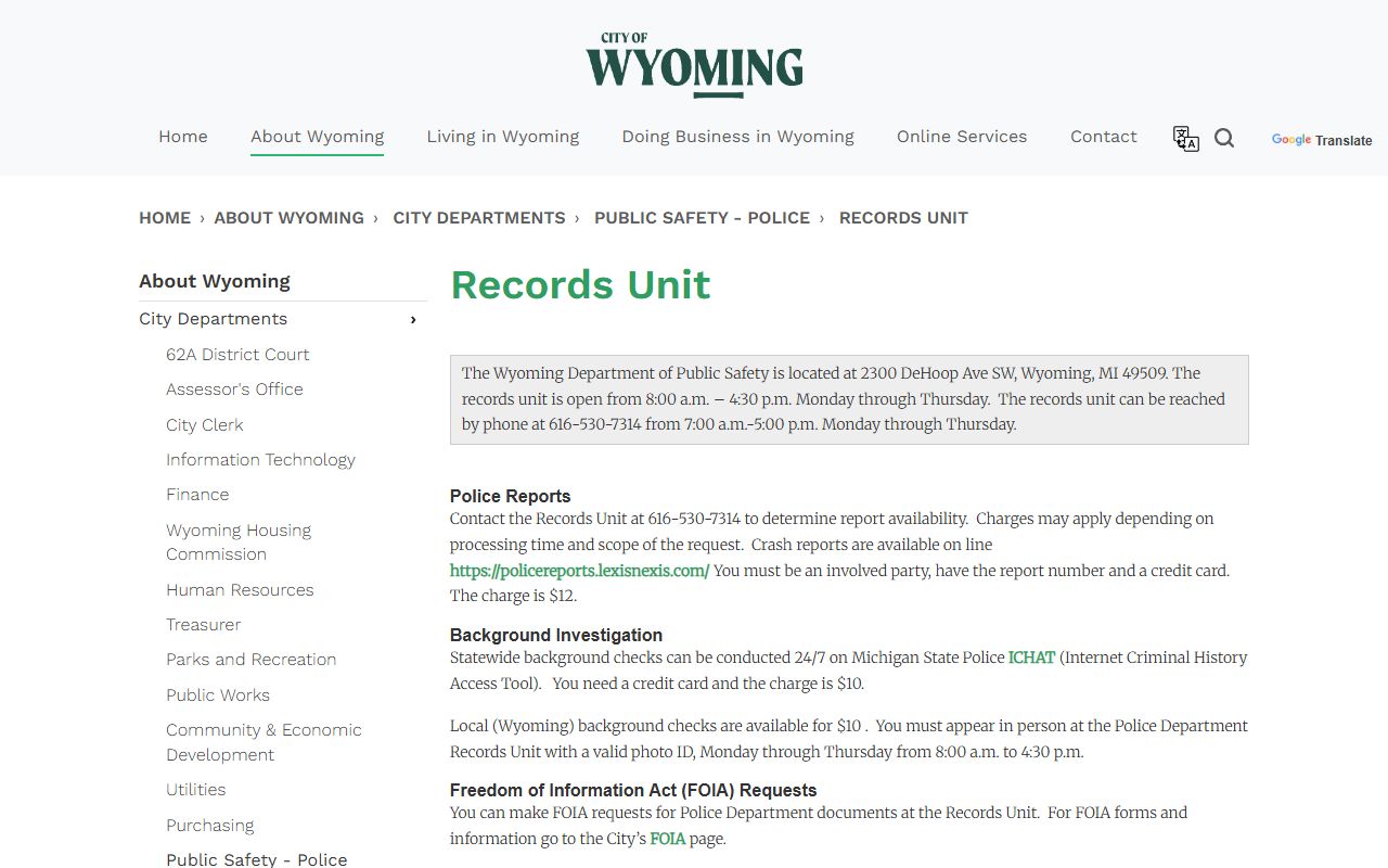 Wyoming Department of Public Safety Records Unit for criminal court records access in Wyoming Michigan