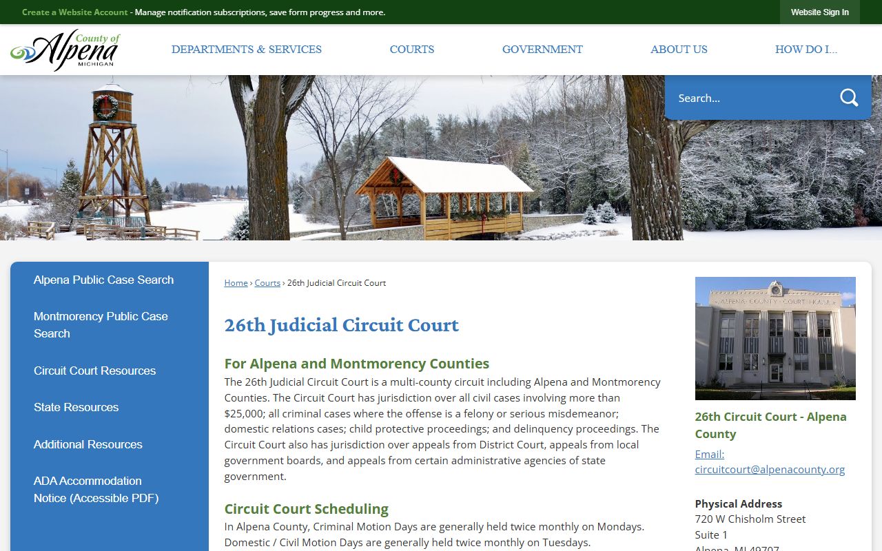 Alpena County 26th Judicial Circuit Court information for criminal court records