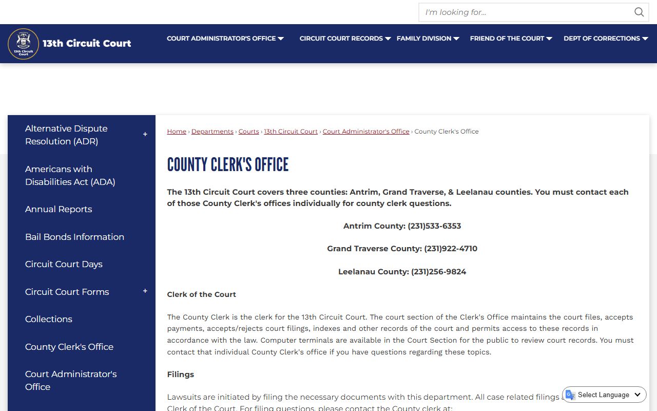 13th Circuit Court information from Grand Traverse County for Antrim County criminal court records