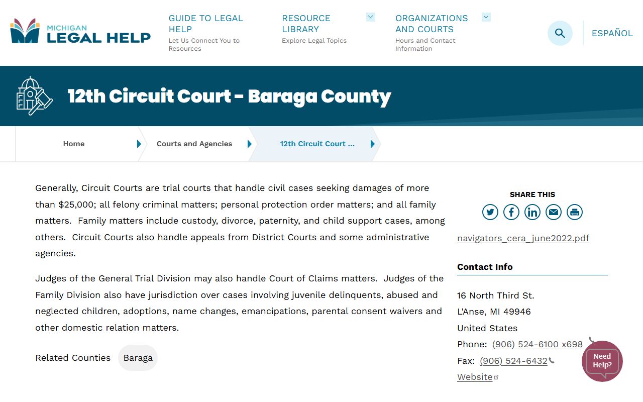 Michigan Legal Help page for 12th Circuit Court in Baraga County criminal court records