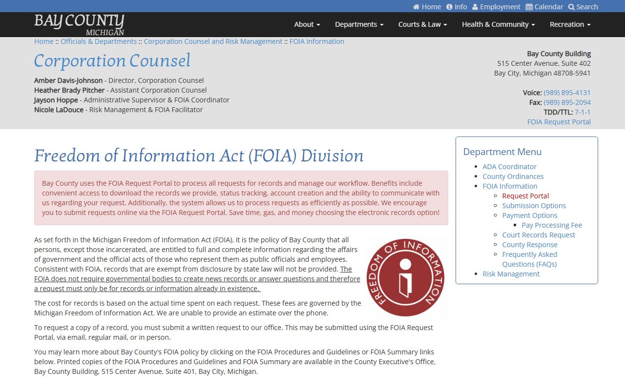 Bay County FOIA procedures page for public records requests