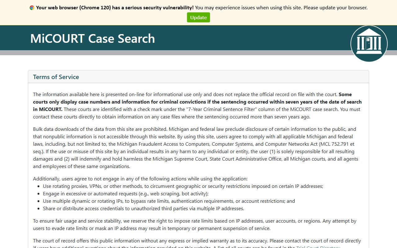 MiCOURT Michigan case search for Emmet County criminal court records