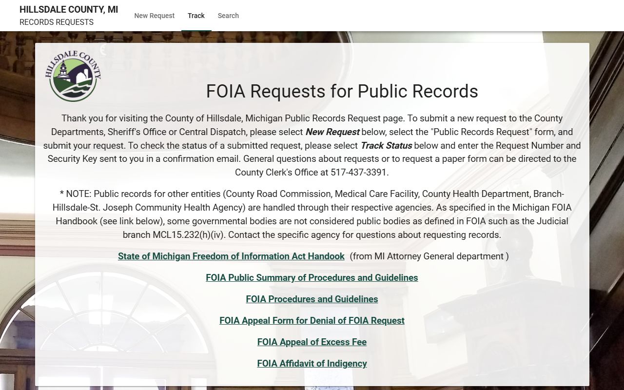 Hillsdale County online FOIA and records portal for court record requests