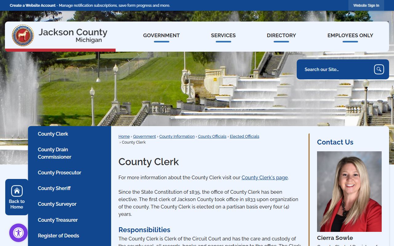 Jackson County Clerk page for court records in Jackson Michigan
