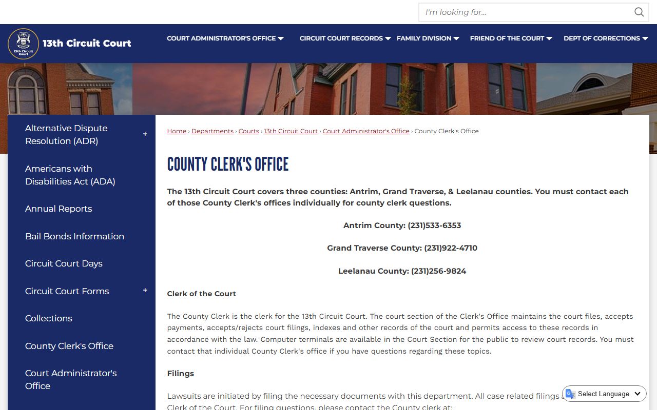 13th Circuit Court information for Leelanau County criminal records