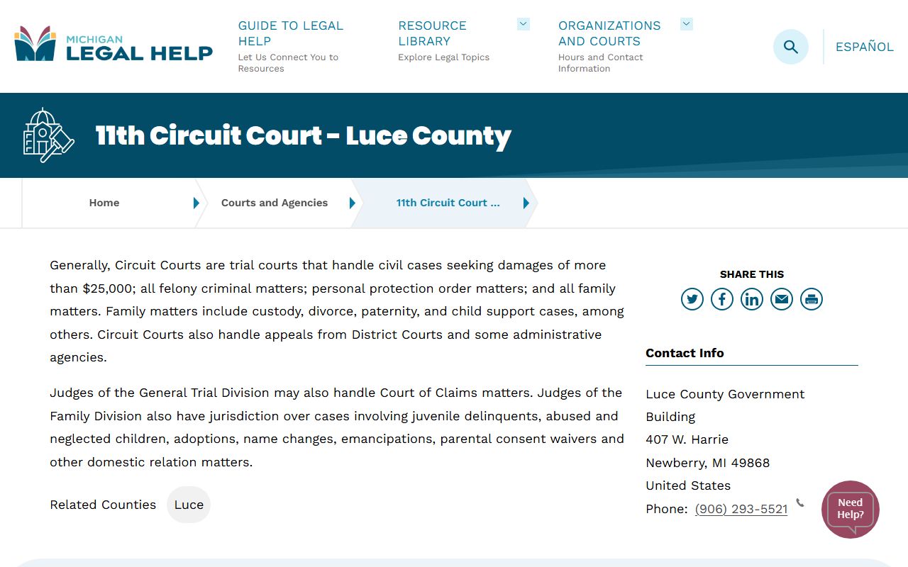 Michigan Legal Help page on the 11th Circuit Court in Luce County