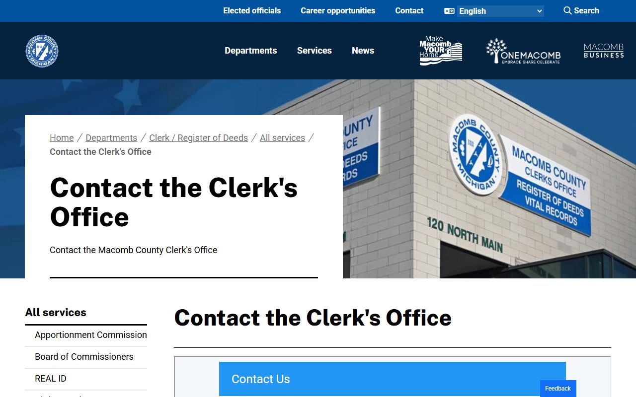 Macomb County Clerk's Office contact page for criminal court records