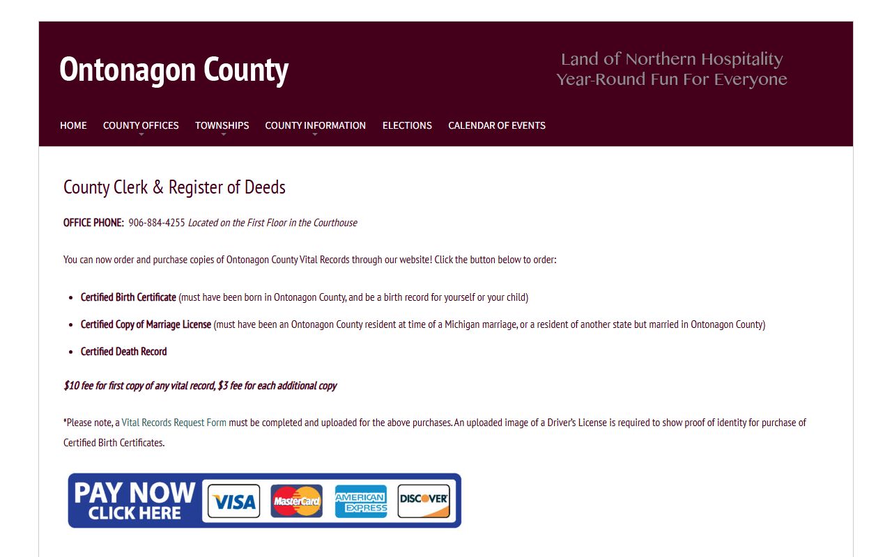 Ontonagon County Clerk page for criminal court record access