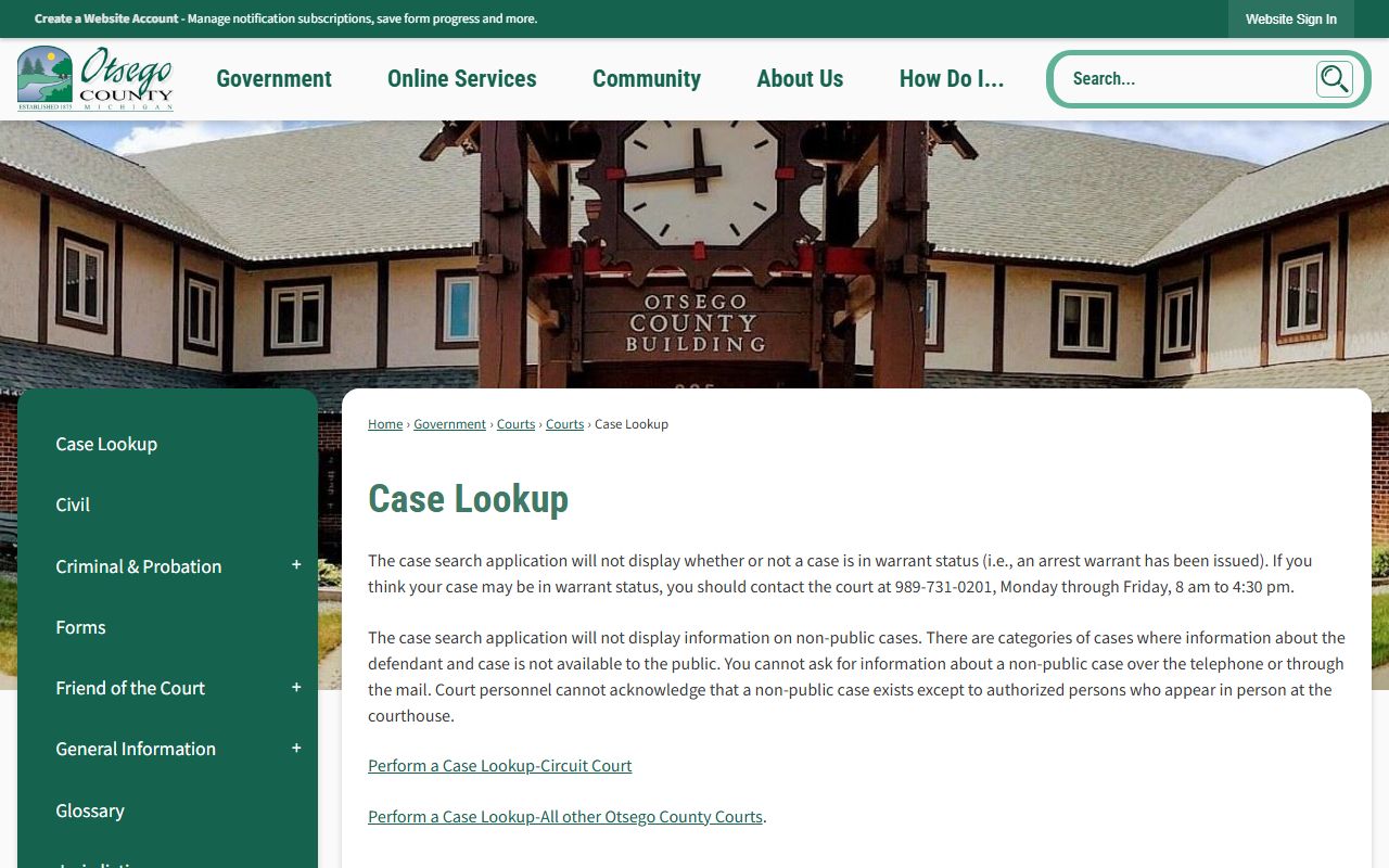 Otsego County Case Lookup portal for searching criminal court records online