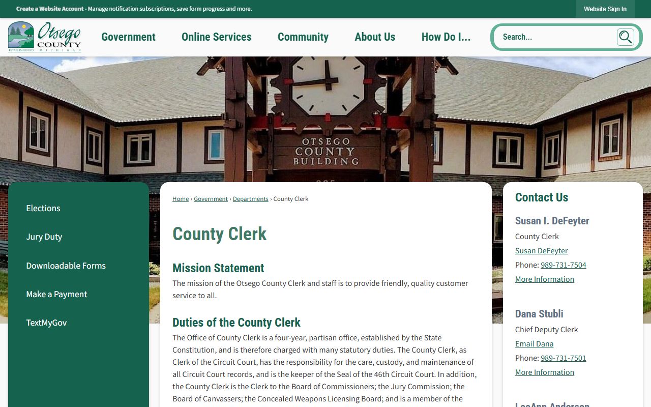 Otsego County Clerk page for criminal court records in Gaylord Michigan