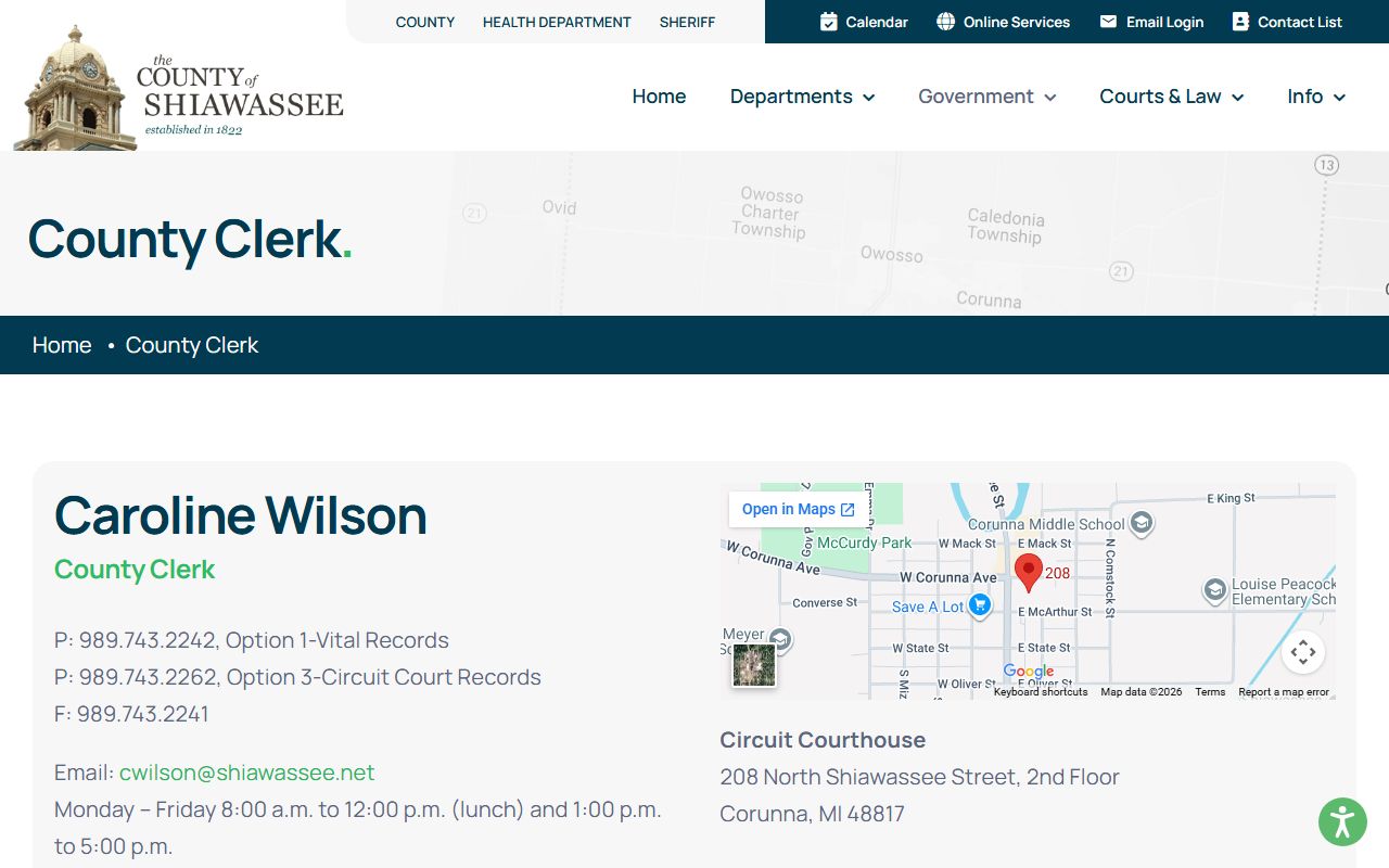 Shiawassee County Clerk page for criminal court records in Corunna Michigan