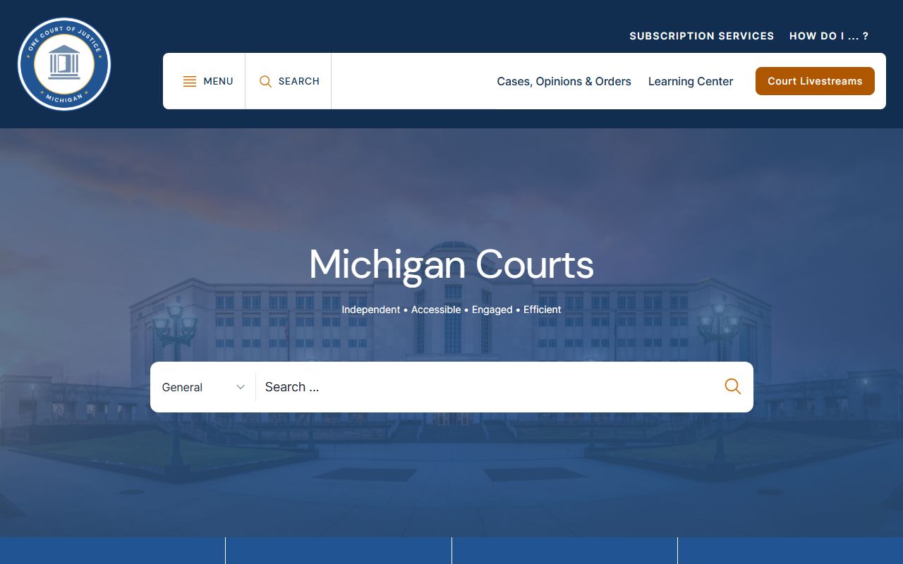 Michigan Courts official website showing court directory and criminal court records resources