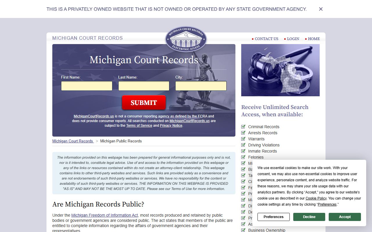 Michigan public records guide showing how to access criminal court records and expungement information