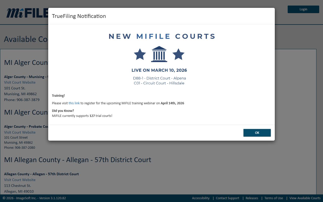 MiFILE available courts list showing Michigan Circuit and District Courts for criminal court records