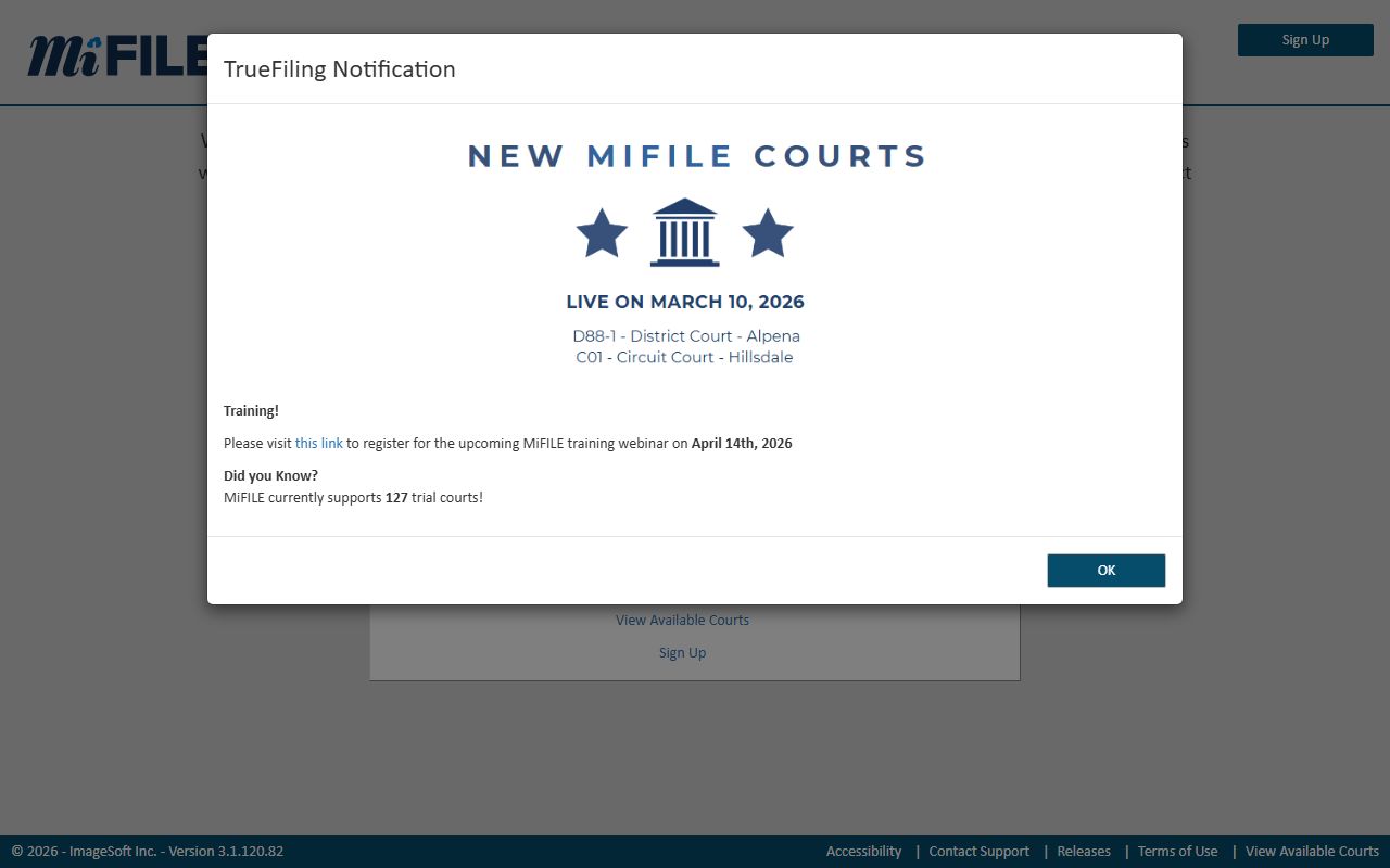 MiFILE Michigan electronic court filing system for criminal court records