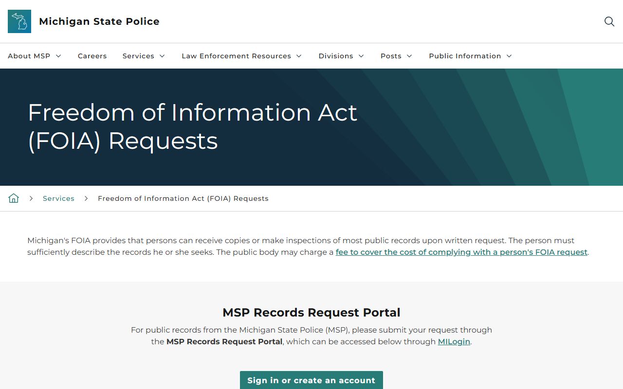 Michigan State Police FOIA request page for criminal records and law enforcement reports